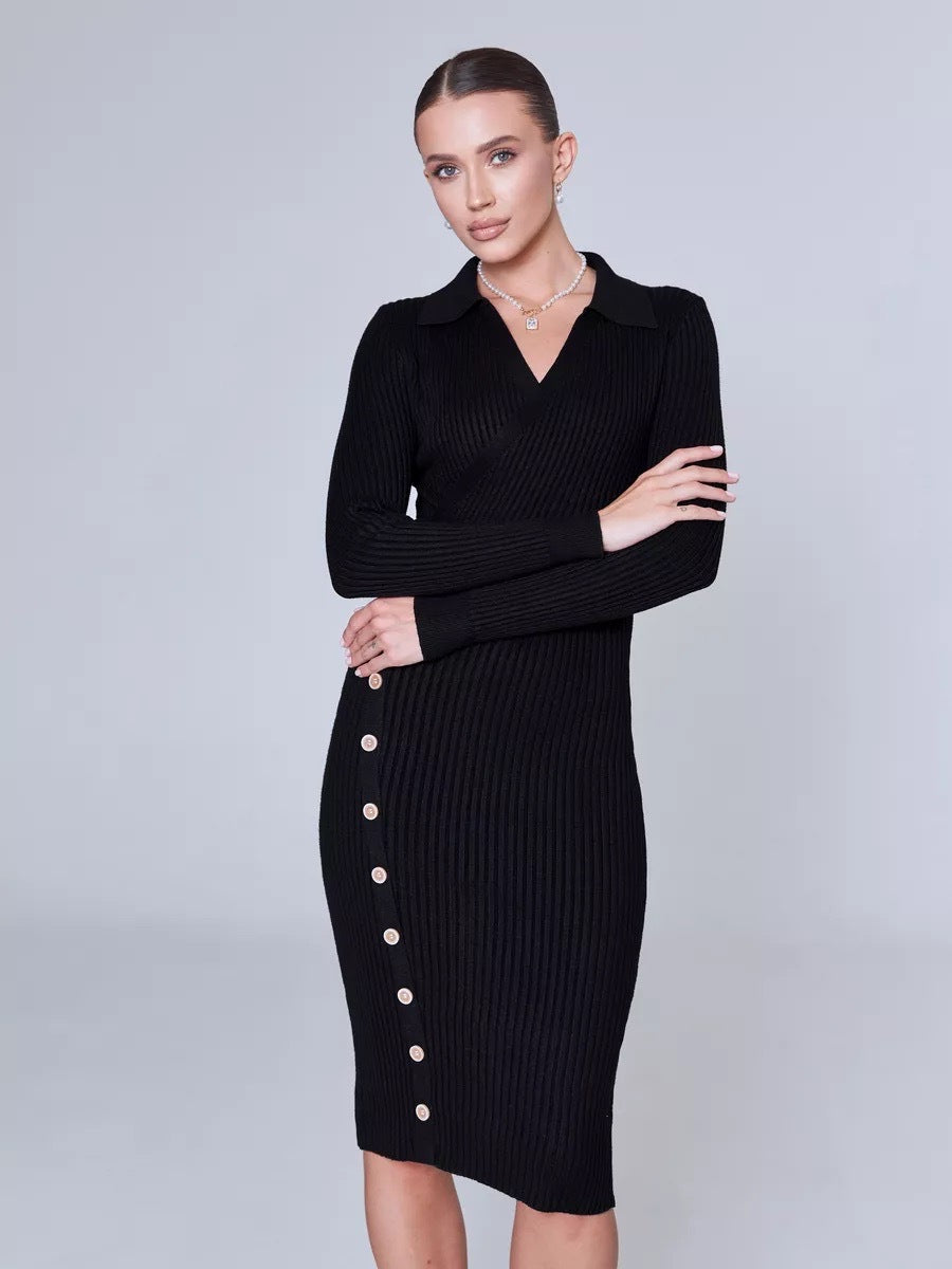 Knit dress for women with an elegant V neck and Lune London button details