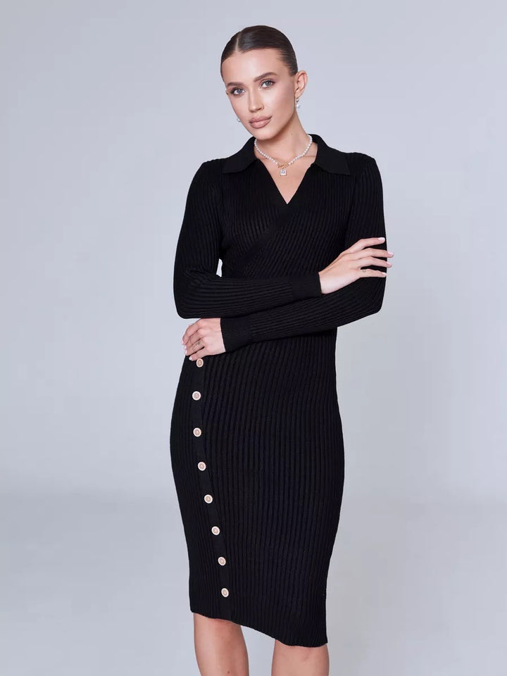 Knit dress for women with an elegant V neck and Lune London button details