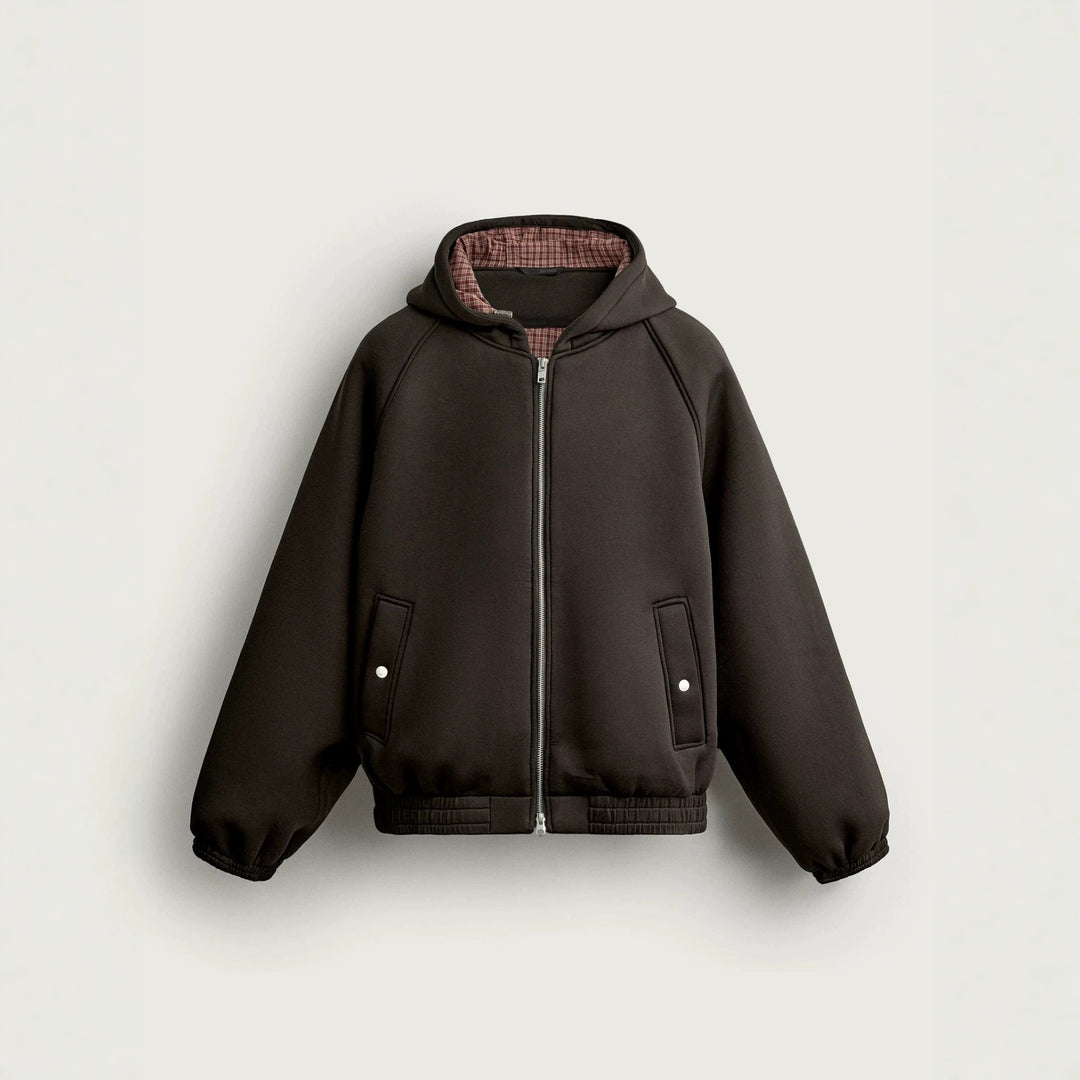 Men's Boxy Hoodie Jacket with Padded Texture and Checkered Lined Hood Amarae