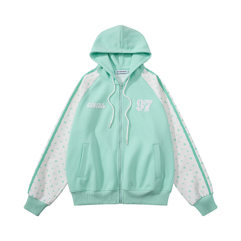 Women's hooded sweatshirt jacket with full zipper, raglan sleeves, and polka dot inserts Amarae