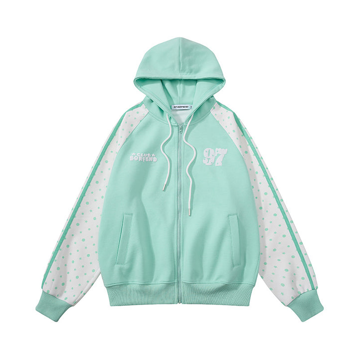 Women's hooded sweatshirt jacket with full zipper, raglan sleeves, and polka dot inserts Amarae