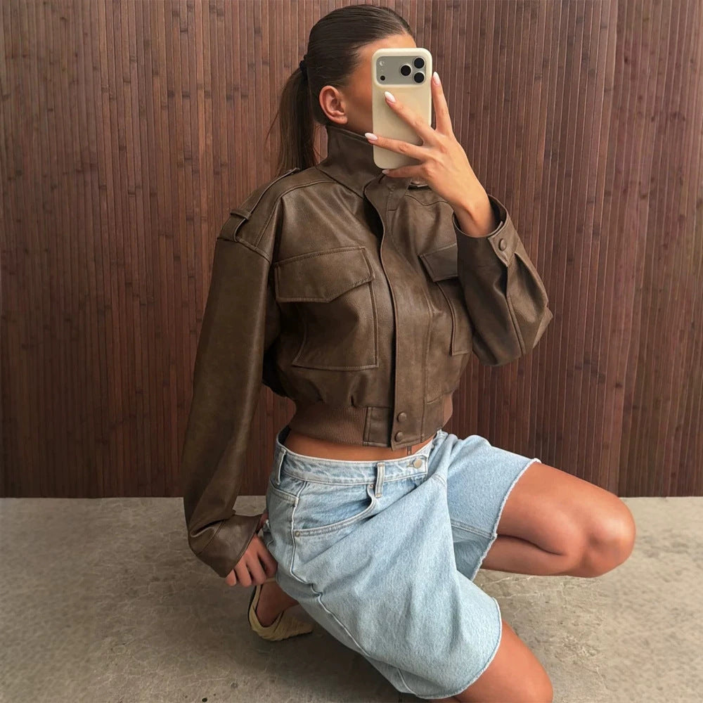 Women's Short Utility Bomber Jacket made of Vegan Leather with High Stand-Up Collar Amarae