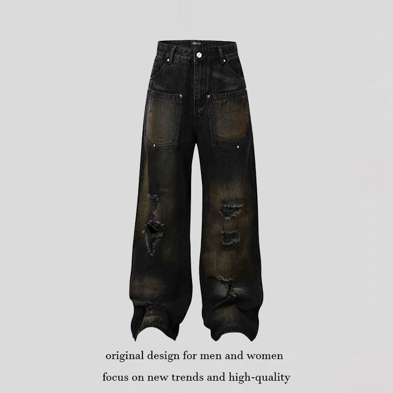 Women's Wide High-Waist Destroyed Denim Palazzo Jeans with Patch Pockets Amarae