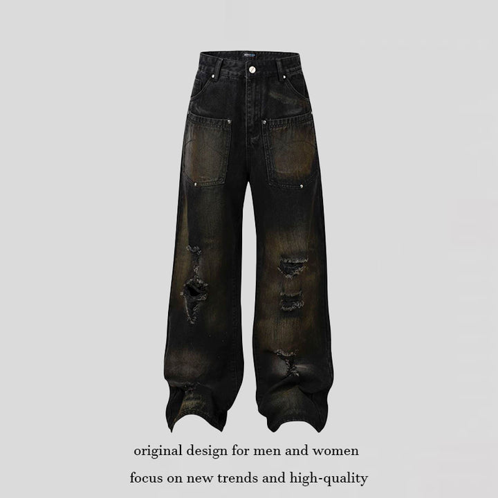 Women's Wide High-Waist Destroyed Denim Palazzo Jeans with Patch Pockets Amarae