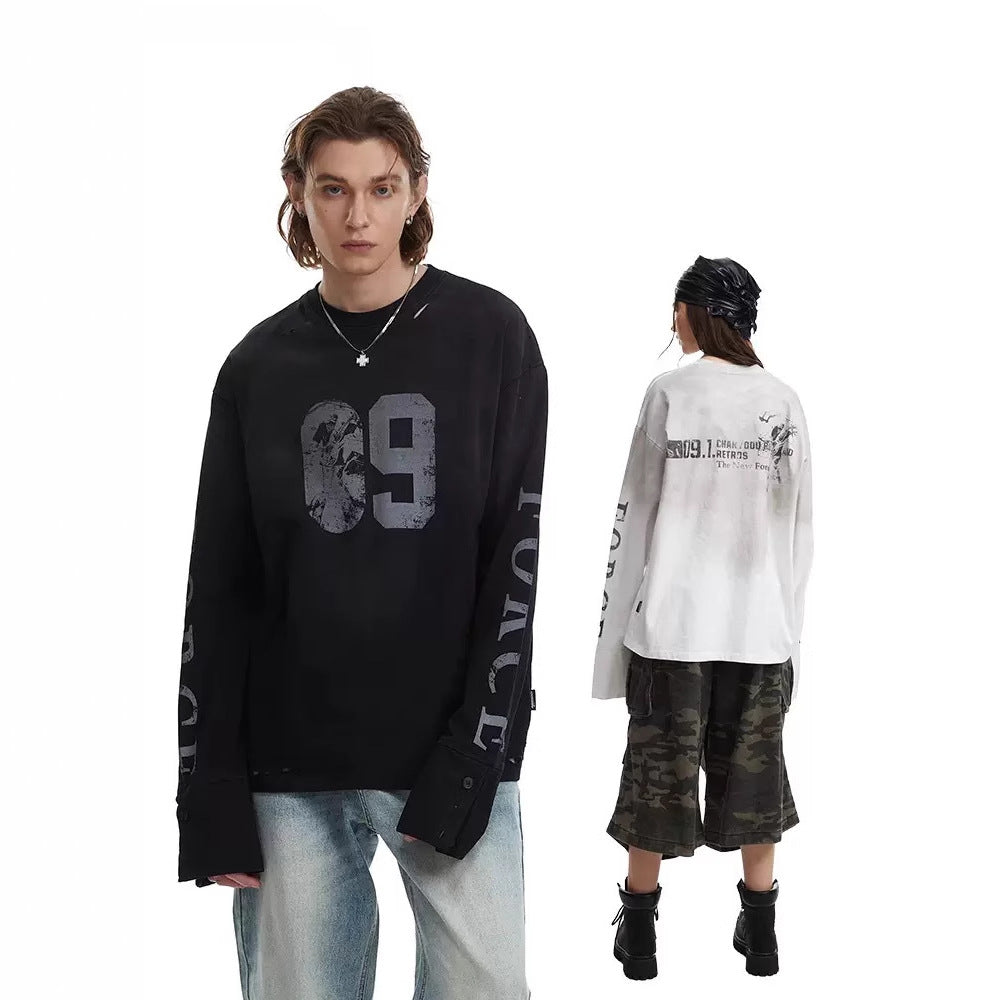 Men's Oversized Long Sleeve Sweatshirt with Print, Extended Cuffs and Used Details Amarae