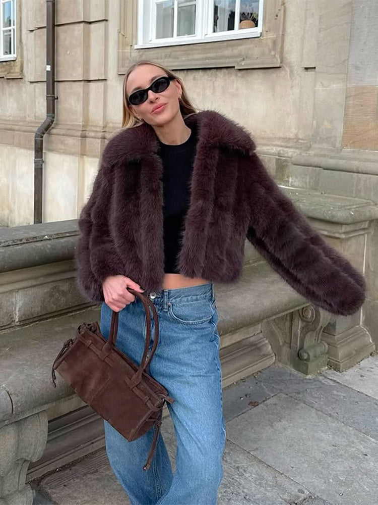 Women's Short Cropped Faux Fur Jacket with Voluminous Shawl Collar and Boxy Silhouette Amarae