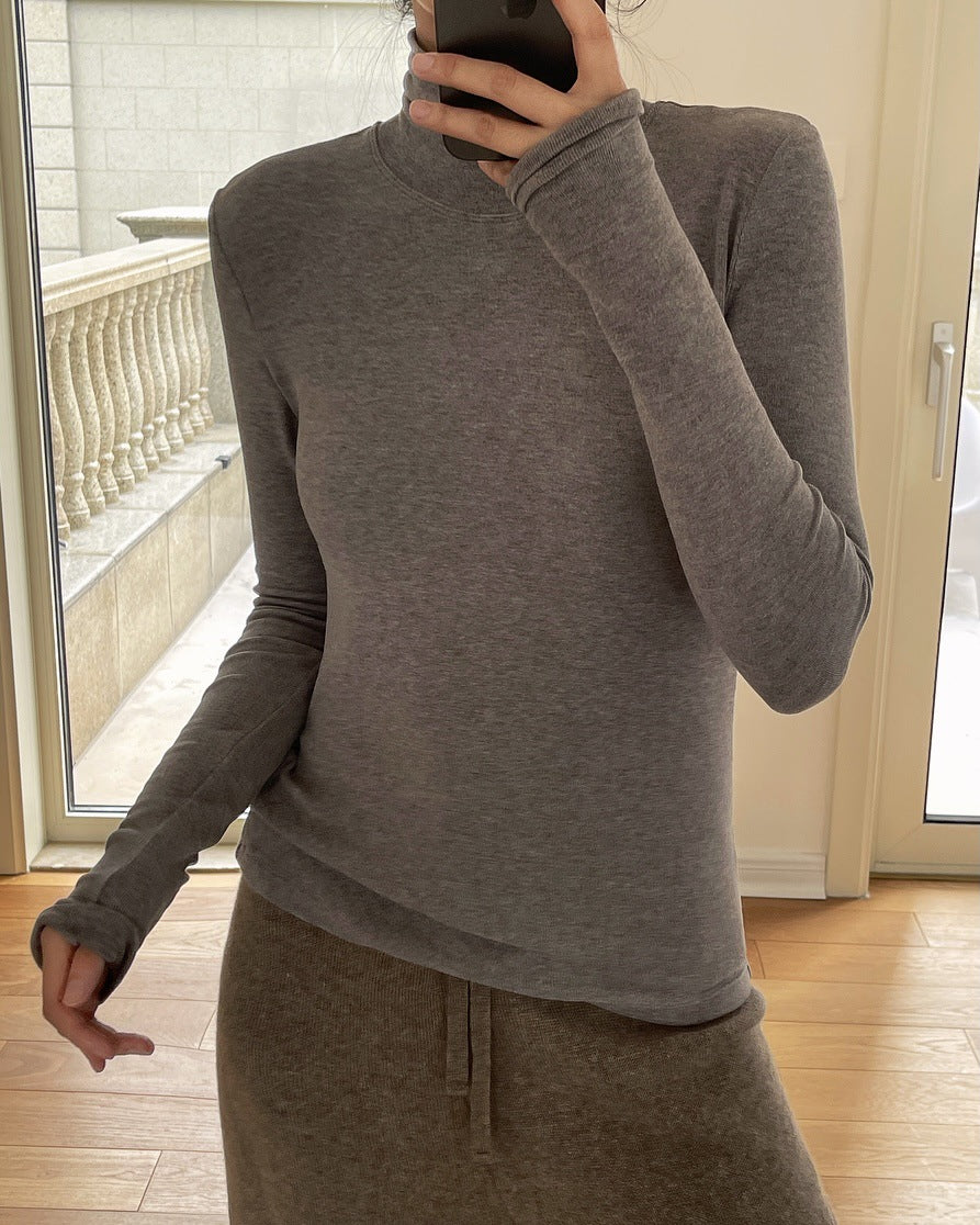 Women's Fitted Long Sleeve Shirt made of fine Stretch Jersey with Stand-Up Collar and Thumb Hole Amarae