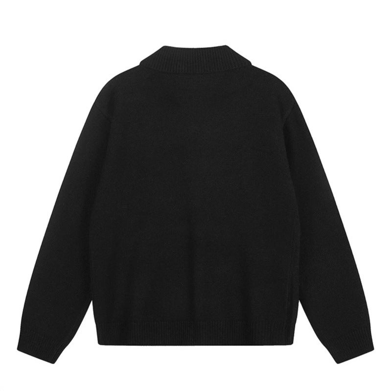 Women's knitted cardigan with shirt collar, button placket, and statement patch Amarae