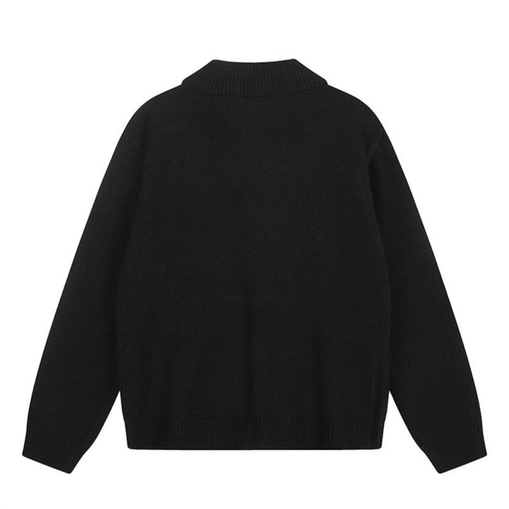 Women's knitted cardigan with shirt collar, button placket, and statement patch Amarae