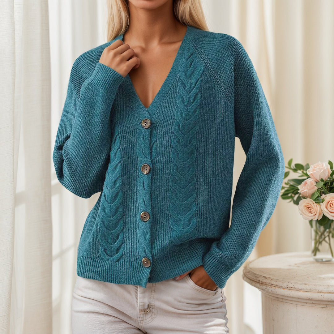 Women’s knitted jacket with V-neck and trendy twisted pattern Lune London