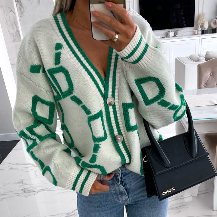 Ladies Big Knit Cardigan with geometric pattern and large buttons Lune London