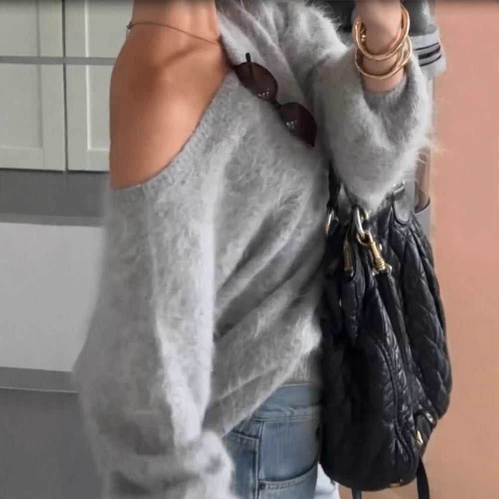 Women Oversize Mohair Blend Off-Shoulder Sweater with Balloon Sleeves Amarae