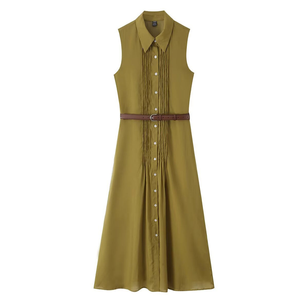Women's sleeveless shirt dress with pleats, button placket and belt Amarae