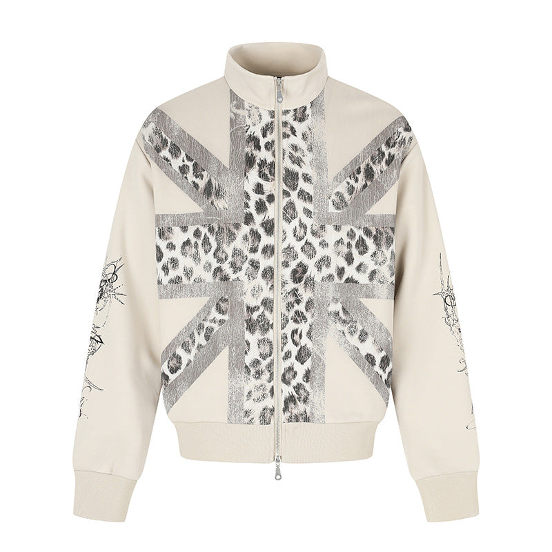 Women's Zip Sweat Jacket with Stand-Up Collar and Leopard Union Jack Print Amarae