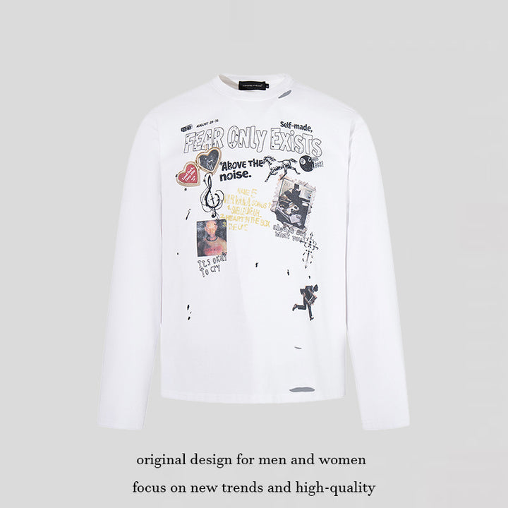 Men's long sleeve shirt with print collage, distressed details and relaxed fit Amarae