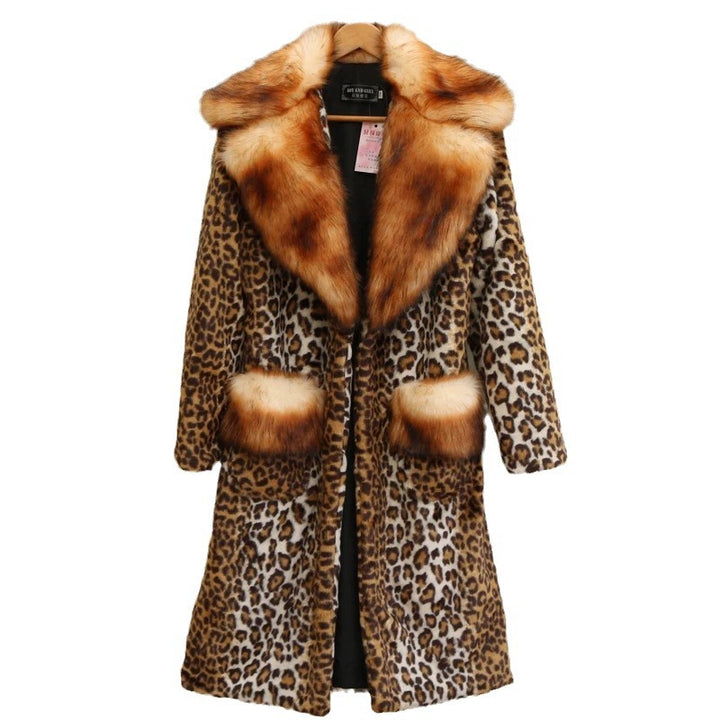Women’s Longer Faux Fur Coat in Leopard Print with Large Fur Collar and Pocket Trim Amarae