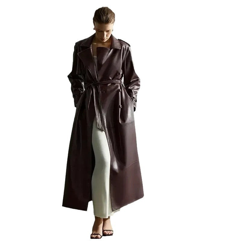 Elegant trench coat in faux leather for women with belted waist Lune London