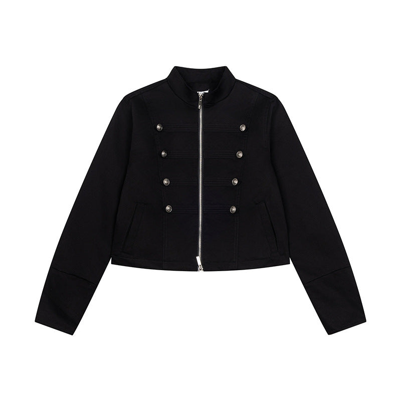 Women's short tailored military jacket with stand-up collar, decorative button rows, and two-way zipper Amarae
