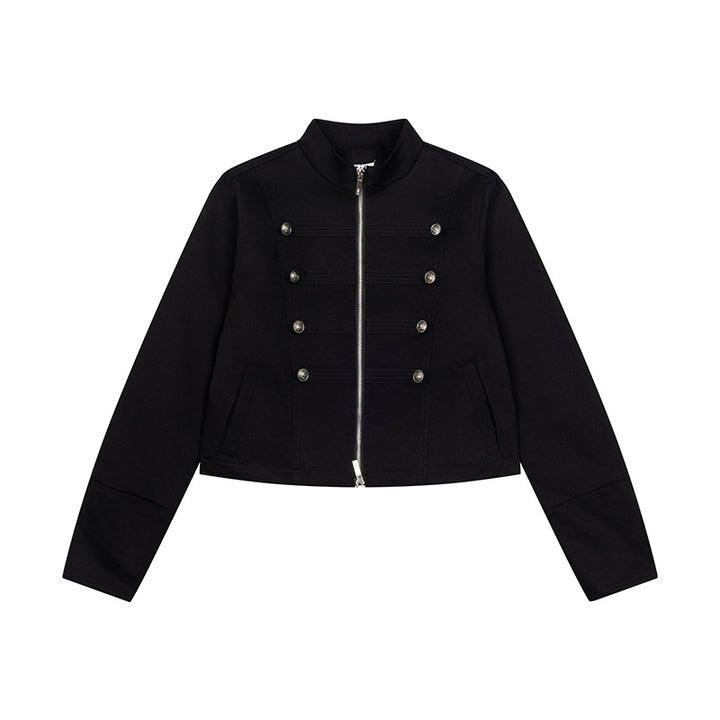 Women's short tailored military jacket with stand-up collar, decorative button rows, and two-way zipper Amarae