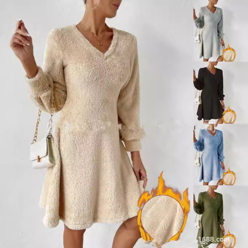 V-neck plush dress for women with long sleeves and flared hem Amarae