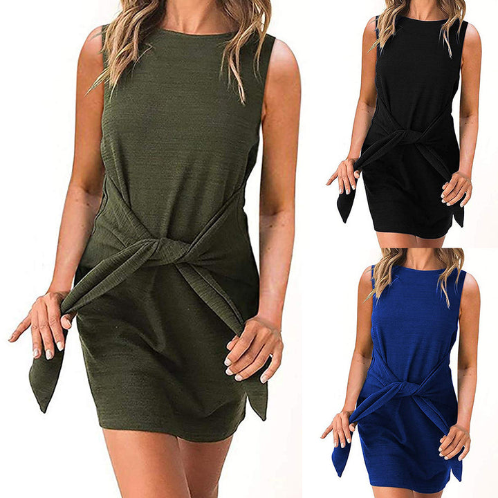 Mini dress for women with adjustable tie belt and textured fabric Lune London