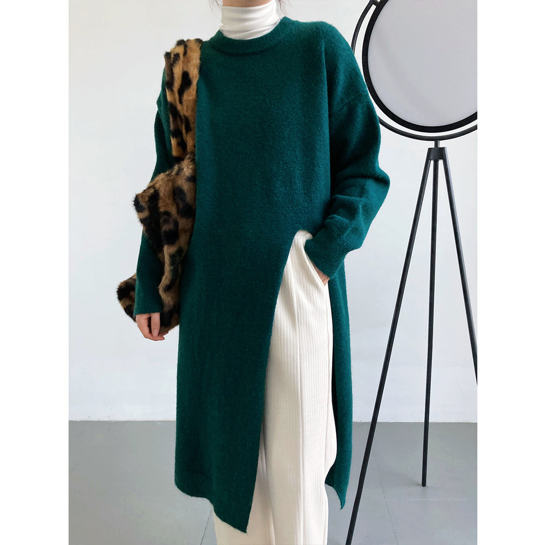 Women Long Knit Sweater with Loose Fit and Side Slits Chic & Stil