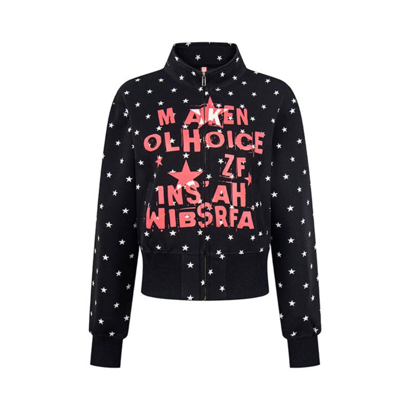 Women's Short Zipper Sweat Jacket with Stand-Up Collar, Allover Star Print and Statement Front Print Amarae