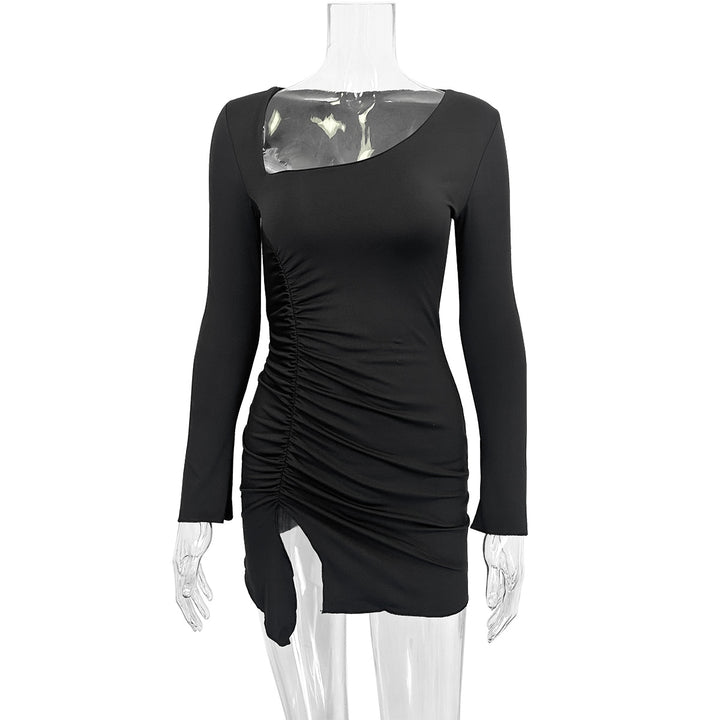 Women's figure-flattering dress with asymmetric neckline and draped hem Lune London