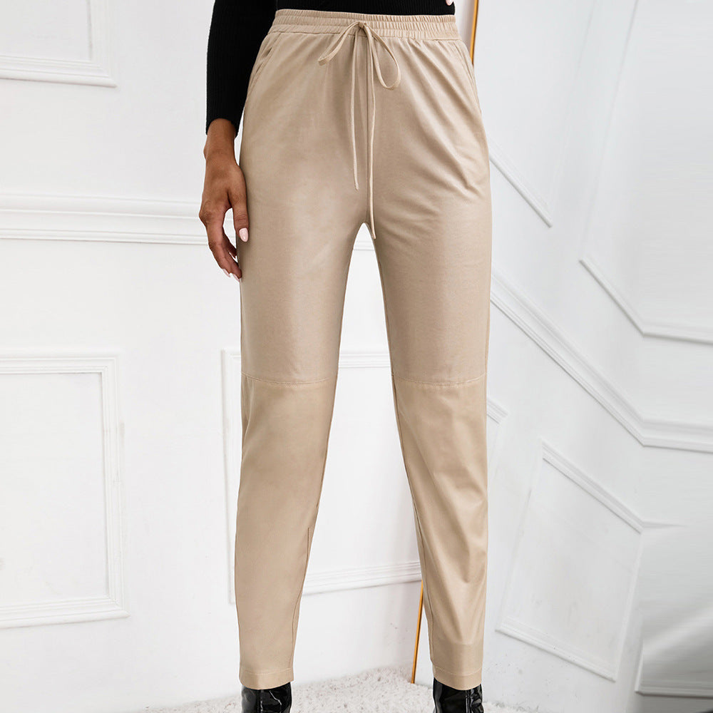 Fashionable synthetic leather pants for women with elastic waistband and side pockets Lune London
