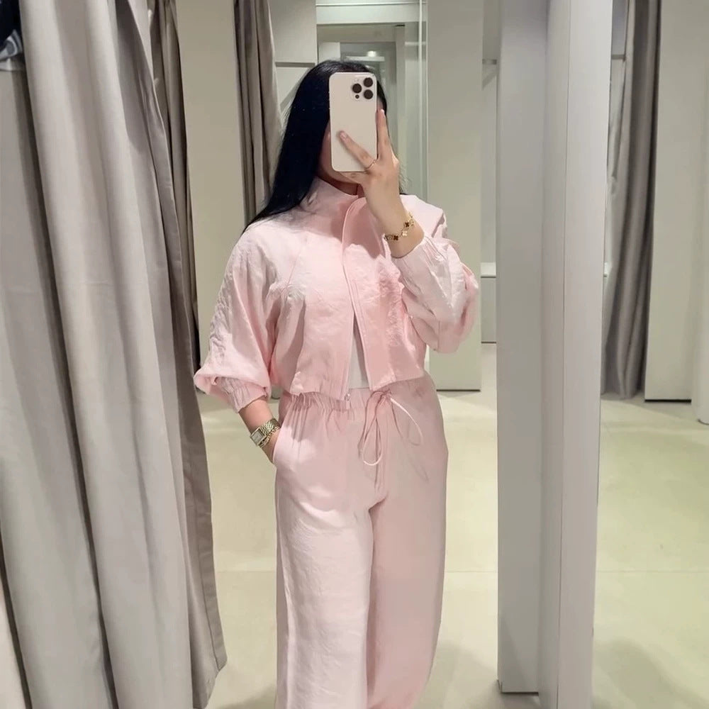 Women’s Casual Satin Tracksuit with Short Zipper Top & Wide Drawstring Pants Amarae