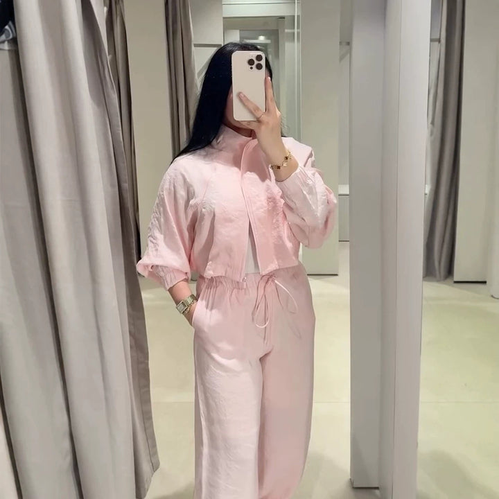 Women’s Casual Satin Tracksuit with Short Zipper Top & Wide Drawstring Pants Amarae