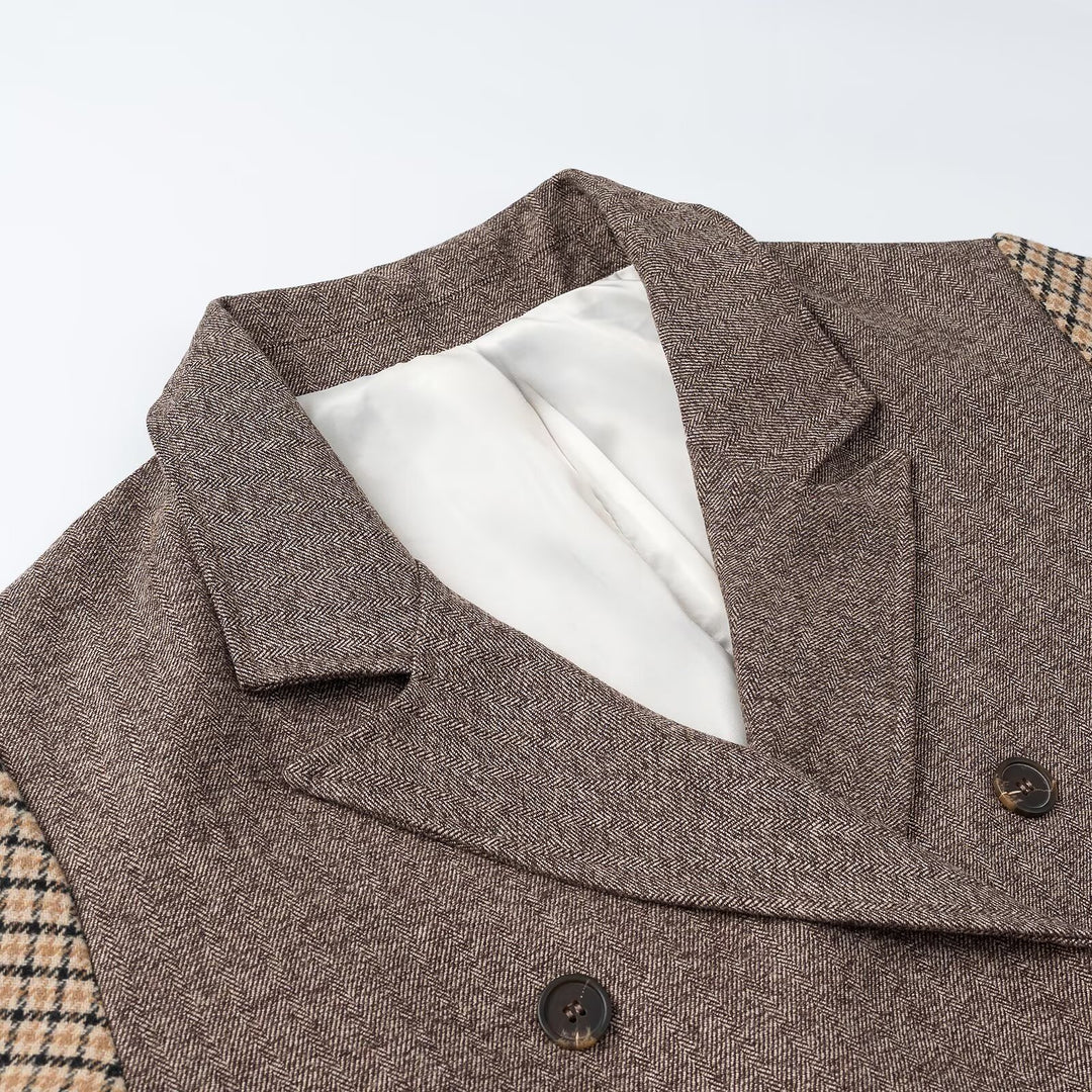 Women's elegant long coat with double-breasted, contrast sleeves and Glencheck details Amarae