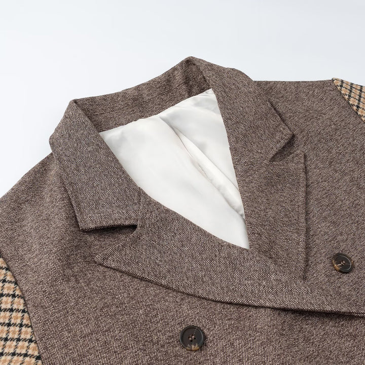 Women's elegant long coat with double-breasted, contrast sleeves and Glencheck details Amarae