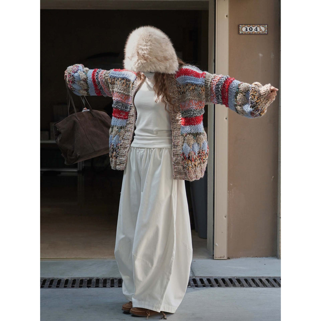 Women's chunky knit oversized cardigan with colorful block stripes and voluminous sleeves Amarae