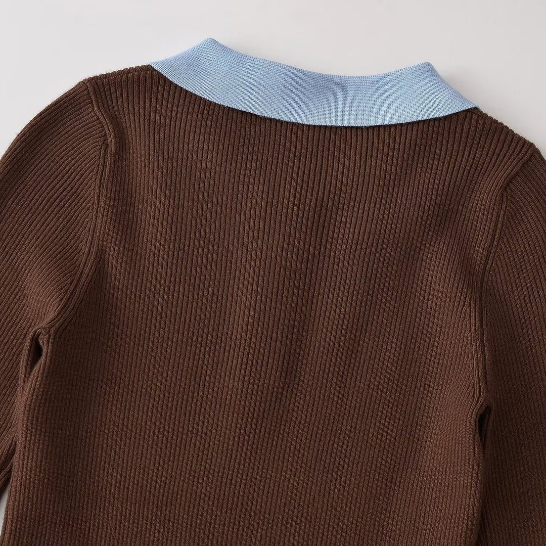 Women's figure-hugging ribbed knit sweater with polo collar, button placket, and color block details Amarae