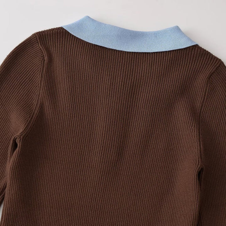 Women's figure-hugging ribbed knit sweater with polo collar, button placket, and color block details Amarae