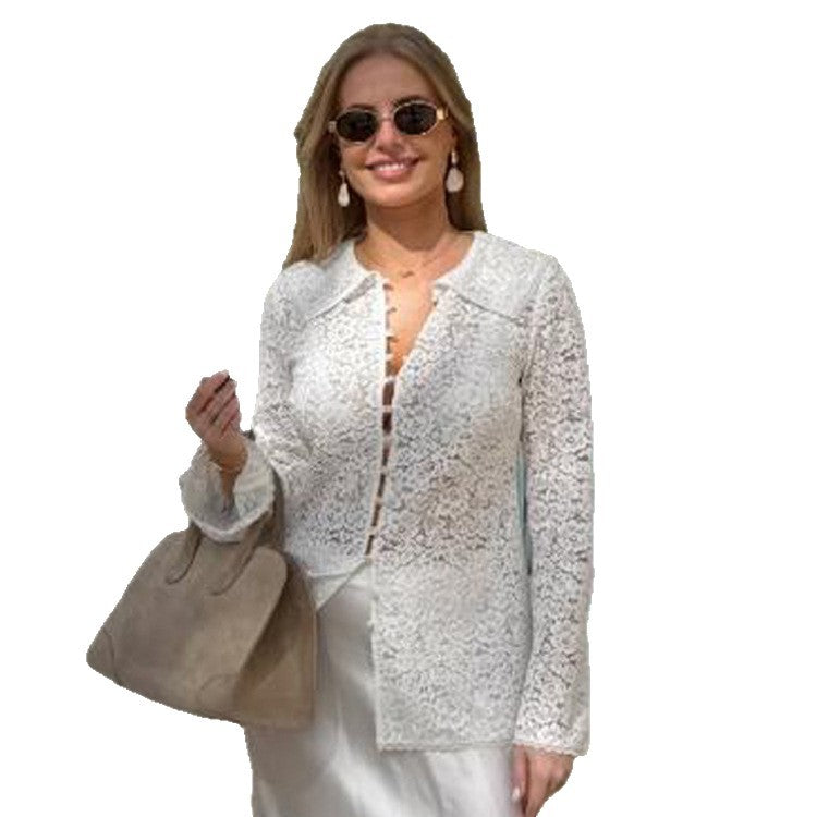 Women's lace blouse with floral lace, shirt collar and fabric ball button placket Amarae