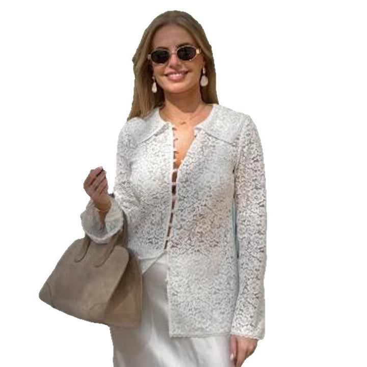 Women's lace blouse with floral lace, shirt collar and fabric ball button placket Amarae