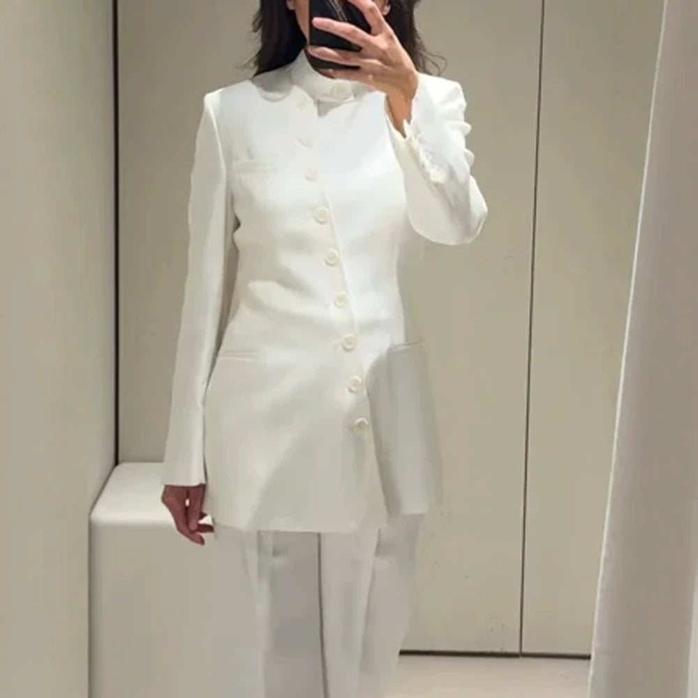Women Longline Blazer with Stand Collar and Slim Silhouette Amarae