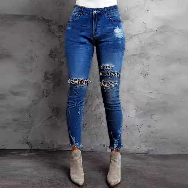 Women Stretch Skinny Jeans with High Waist, Knee Ripped Details and Leo Underlay Amarae