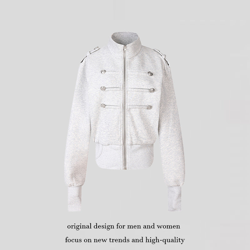 Women's Short Sweat Jacket in Military Style with Stand-Up Collar and Decorative Patches Amarae