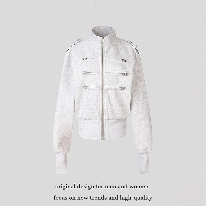 Women's Short Sweat Jacket in Military Style with Stand-Up Collar and Decorative Patches Amarae