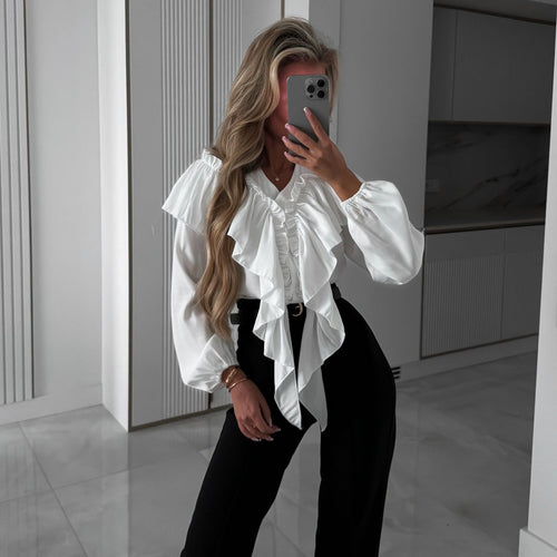 Women Elegant Blouse Top with Voluminous Ruffles and Flattering Cut Amarae