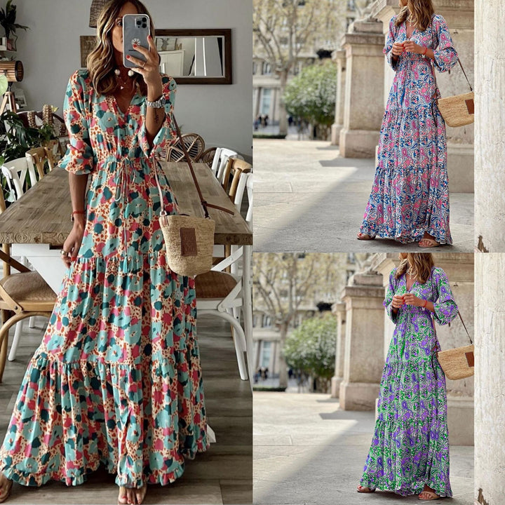 Maxi dress for women with a delicate paisley pattern and an elegant button placket Lune London