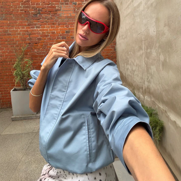 Women's Light Cropped Field Blouson Jacket with Concealed Snap Placket and Boxy Silhouette Amarae