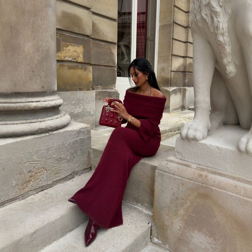 Maxi knit dress for women with off-shoulder neckline and voluminous sleeves Amarae