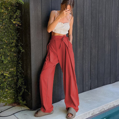 High-waisted wide-leg pants for women with drawstring and elegant pleats Amarae