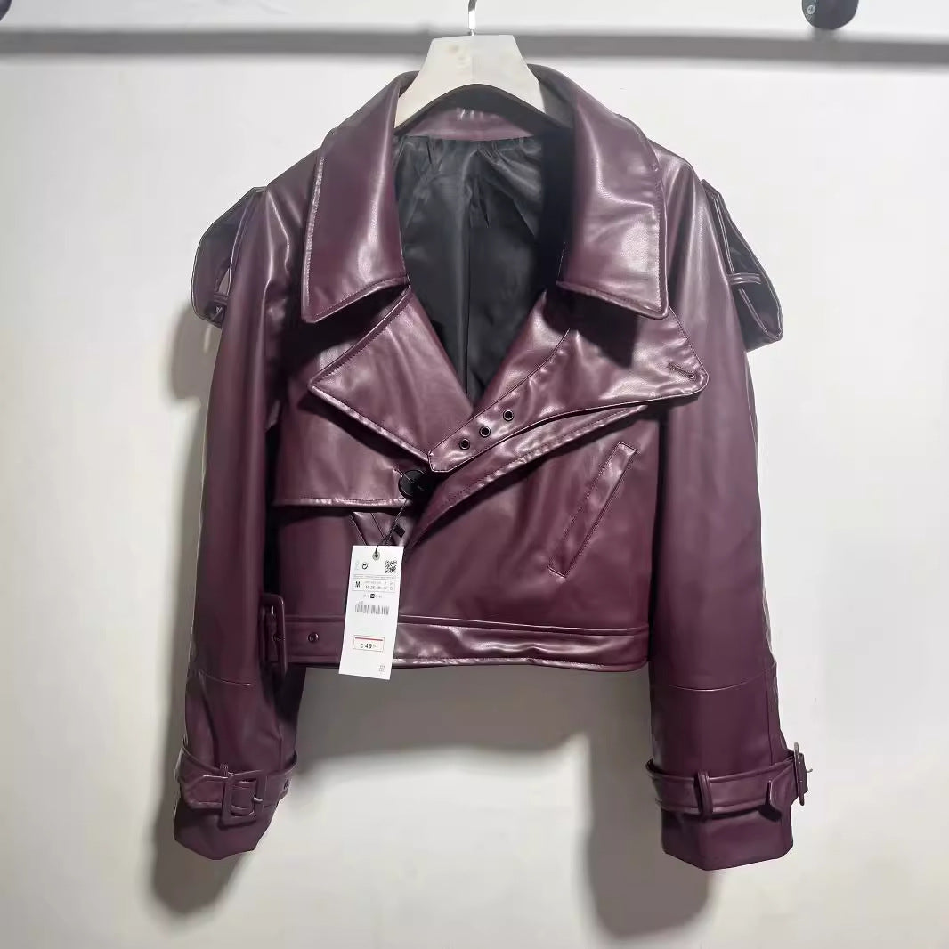 Cool cropped faux leather jacket for women with asymmetric collar and trendy design Lune London