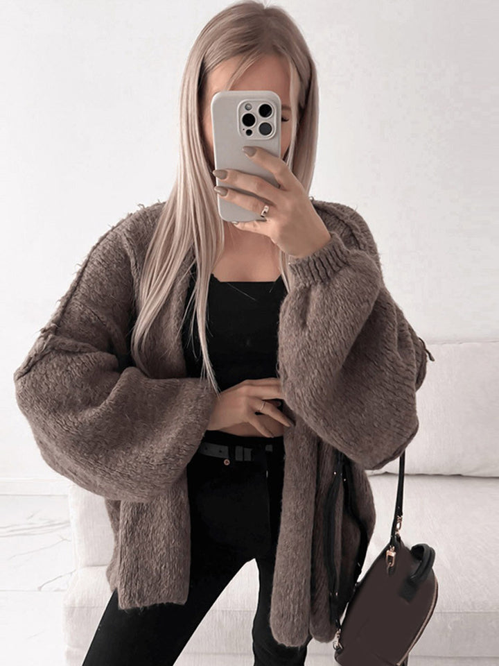 Women's Oversize Knit Cardigan with Voluminous Balloon Sleeves and Teddy-like Texture Amarae