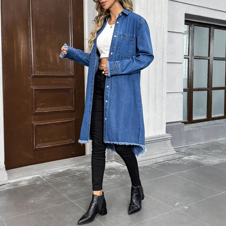 Women's Oversize Denim Shirt Jacket in Longline Cut with Frayed Hem Amarae